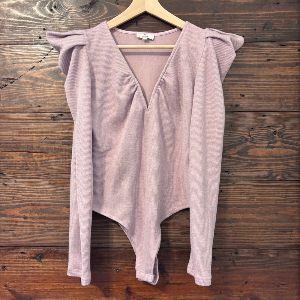 Entro Ribbed V-Neck Bodysuit Women L Mauve Pink Puff Shoulder Romantic Feminine